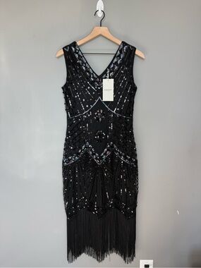 BABEYOND Black Beaded Fringe Flapper Dress Art Deco Gatsby Size M‎ NWT